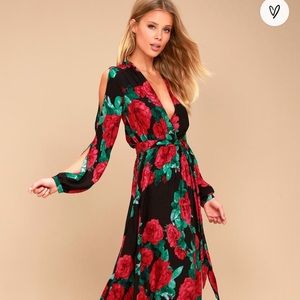 Lulus Strike a Rose Black Floral Print Long Sleeve Maxi Dress